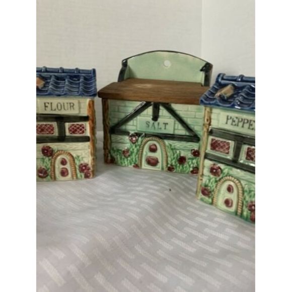 RARE Vintage Japanese ~ Green Majolica ~ Salt Box W/lid Sugar Flour pepper - Picture 3 of 12